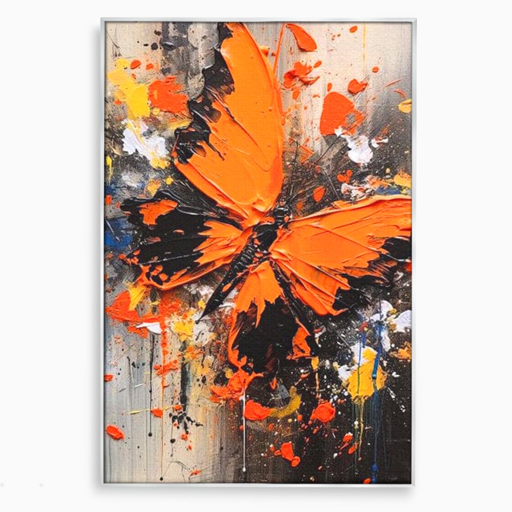 Tablou canvas cu tablou canvas cu fluture portocaliu pe fundal antracit, in rama de aluminiu argintiu